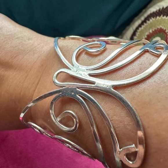 Butterfly Cuff Open Cutout Silver Tone Contemporary Bracelet with Fluid Designs - Picture 1 of 6